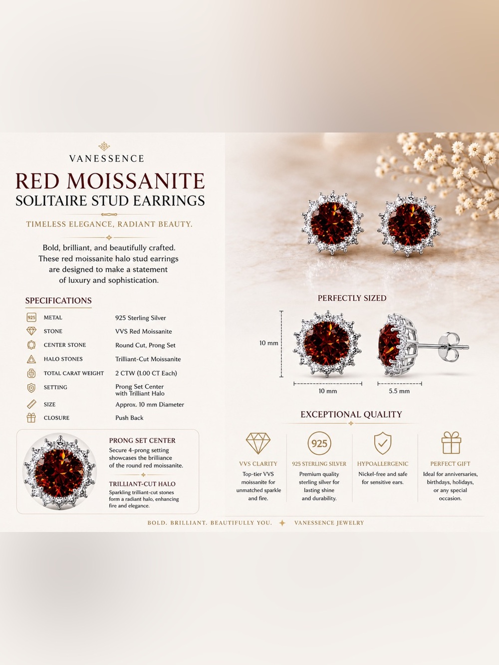 VVS Red Moissanite Solitaire Stud Earrings - Picture 7 of 7